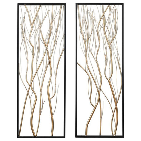 LuxenHome Set of 2 Gold Branches and Black Frame Rectangular Metal Wall Decor