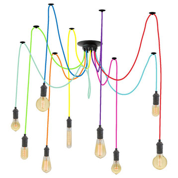 9 Pendant Swag Spider Chandelier, Mixed Rainbow Colors, Mixed Antique Bulbs