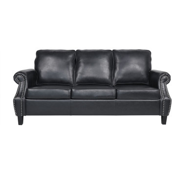 Burkehaven Faux Leather 3 Seater Sofa, Nailhead Trim, Midnight Black/Dark Brown