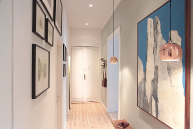 Photo of a large contemporary hallway in Berlin with grey walls and light hardwood floors.