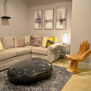 Inspiration for a small contemporary fully buried basement in Raleigh with purple walls, carpet and beige floors.