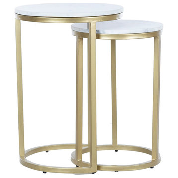 RRI Goods Coffee Table, Set of 2, Modern Round Marble Tabletop, Gold Frame