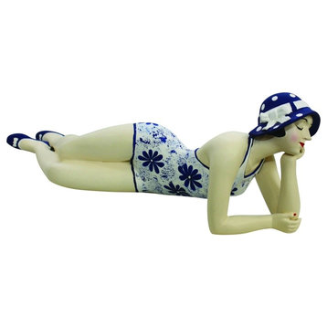 Retro Bathing Beauty Lying Figurine Statue, Swim Suit Woman Blue Flowers White
