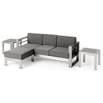 Stacy Outdoor 3 Seater Aluminum Sofa and Ottoman Set With Side Tables