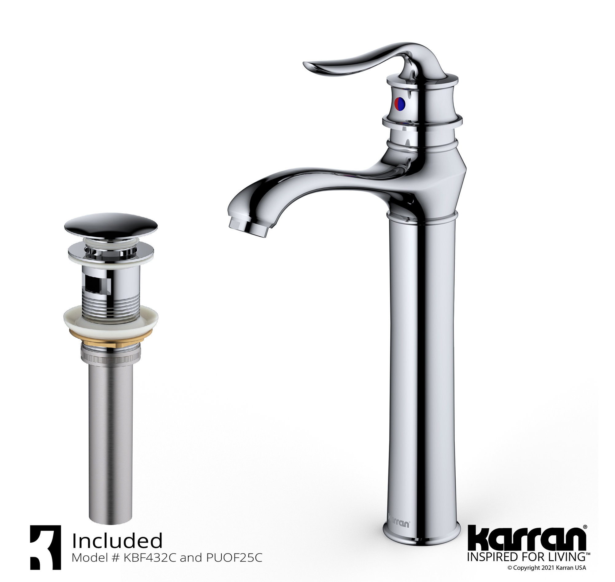 Karran KBF432 1-Hole 1-Handle Vessel Faucet With Pop-up Drain, Chrome