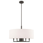 Livex Lighting - Meridian 5 + 1 Light Pendant Chandelier, English Bronze - This 6 light pendant from the Meridian collection has a clean  crisp look and contemporary appeal while offering antiquate light with the 5 up lights and the 1 down light. The sleek design and angular arm feature a English bronze finish. The hand crafted oatmeal fabric hardback shade offers warm light for your surroundings
