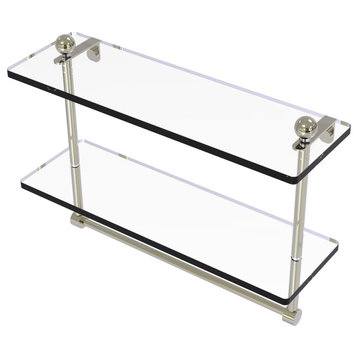 16" Two Tiered Glass Shelf with Integrated Towel Bar, Polished Nickel