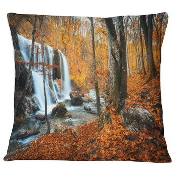 Autumn Mountain Waterfall Close View Landscape Photography Throw Pillow, 16"x16"