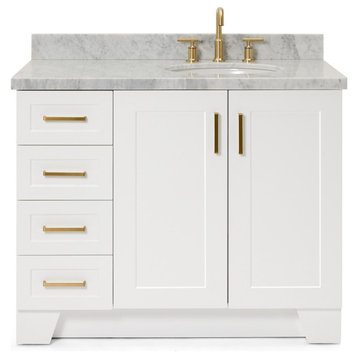 Ariel Taylor 43" Right Oval Sink Bath Vanity, White, 1.5" Carrara Marble