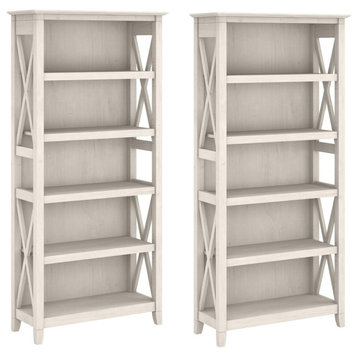 Set of 2 Tall Bookcase, X Shaped Side Panels With 5 Open Shelves, Linen White