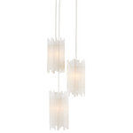 Currey & Company - Escenia Multi-Drop Pendant,  3-Light - The Escenia 3-Light Multi-Drop Pendant has shades made of natural selenite. The ribs of the essential natural material are staggered top and bottom, which brings the shape of the shades added interest. The metal stems in a painted silver finish are thin so that the shades seem to float. When the lights are switched on, a beautiful glow is created by the crystal bars. We offer the Escenia in a number of different configurations with multiple shades.