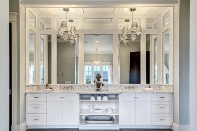 Large transitional master gray tile and mosaic tile porcelain tile bathroom photo in Boise with shaker cabinets, white cabinets, gray walls, an undermount sink and marble countertops