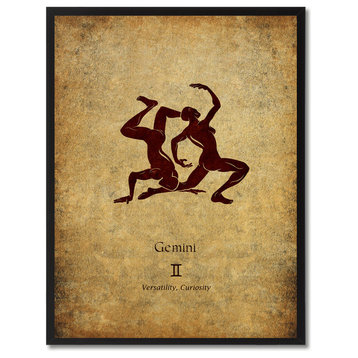 Gemini Horoscope Astrology Brown Print on Canvas with Picture Frame, 13"x17"