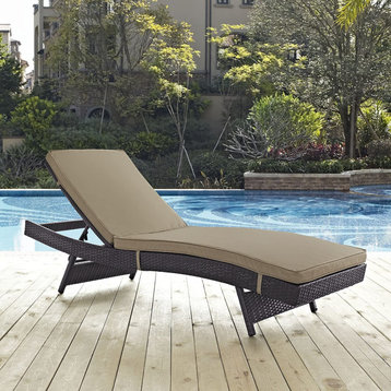Contemporary Chaise Lounge, Espresso Rattan Covered Frame With Mocha Cushion