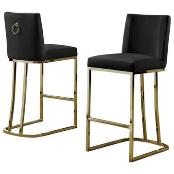 Velvet Counter Height Chairs in Black Velvet and Gold Chrome (Set of 2)