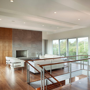 Inspiration för ett mellanstort funkis loftrum, med ett finrum, vita väggar, mellanmörkt trägolv, en standard öppen spis, en spiselkrans i trä och brunt golv