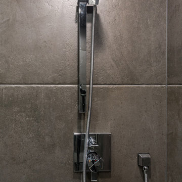 Golden Wood & Dark Charcoal Bathroom with Luxurious Steam Shower
