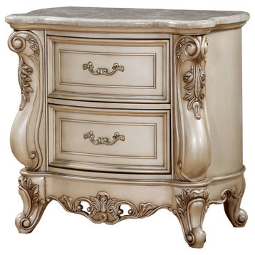 Classic Nightstand, Unique Carved Poplar Frame & Marble Top, Antique Champagne