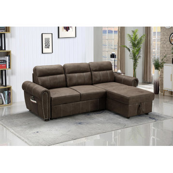 Hugo Brown Reversible Sleeper Sectional Sofa Chaise With USB Charger