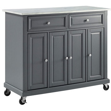 Traditional Kitchen Cart, Framed Doors and Drawers With Faux Marble Top, Gray
