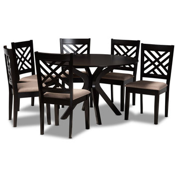 7 Pcs Dining Set, Padded Charis With Unique Geometric Cut Out Back, Dark Brown