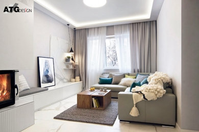 Diseño de salón para visitas minimalista sin televisor con paredes beige, suelo de mármol, marco de chimenea de baldosas y/o azulejos y suelo blanco