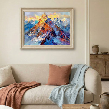 Organic Modern Living Room with Vibrant Mountain Art and Earthy Textures