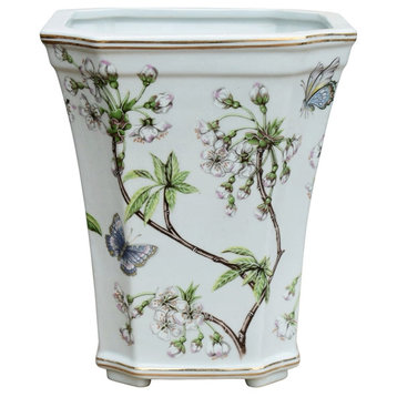 Square Cut Corner Cherry Blossom Porcelain Pot