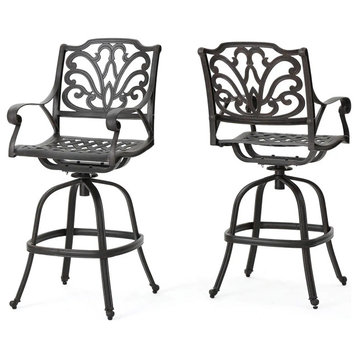 2 Pack Patio Bar Stool, Cast Aluminum Construction With Scrolled Details, Bronze