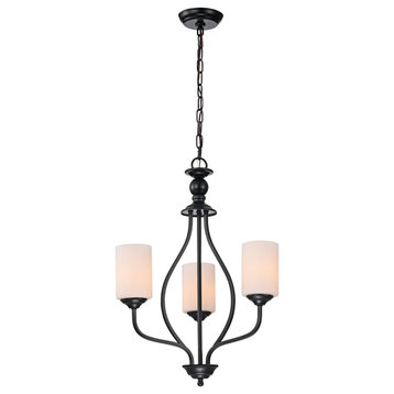 3-Light Matte Black Chandelier With White Etched Glass Shades