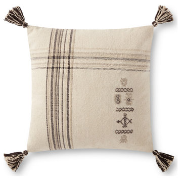 Natural/Charcoal 18"x18" Hand Woven Updated Traditional Plaid Tassels Pillow