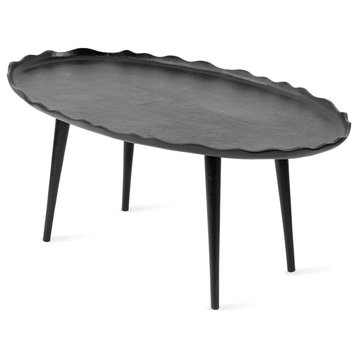 Modern Coffee Table, Aluminum Construction & Oval With Accented Edges, Black
