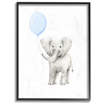 Stupell Industries Baby Elephant With Blue Balloon Watercolor, 24"x30", Black