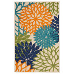 Nourison - Nourison Aloha 2'8" x 4' Multicolor Tropical Area Rug - This tropical indoor/outdoor rug from the Aloha Collection features a soft cut pile and textural woven patterns in bursts of brilliant color sure to brighten the look of your surroundings. Oversized floral patterns in blue, green, and orange add a festive touch of the tropics to your patio, deck, or porch. Machine made from premium stain-resistant fibers for ease of care: simply rinse with a hose and air dry.