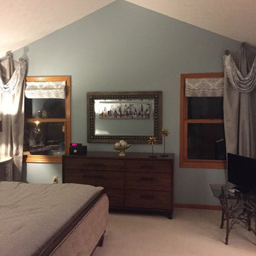 Swags with Trim on Rosette Holders & Remote Control Roman Shades - Westerville,