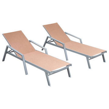 LeisureMod Marlin Patio Chaise Lounge Chair Gray Arms Set of 2, Light Brown
