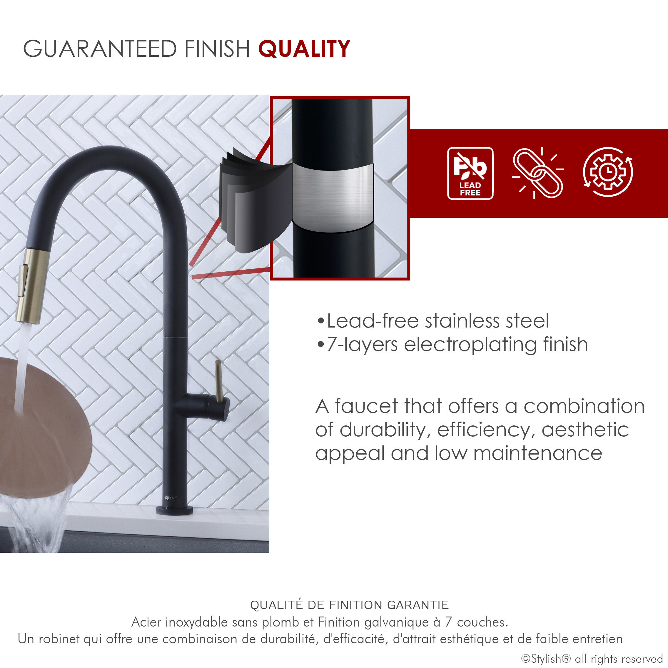 STYLISH Single Handle Pull Down Kitchen Faucet Dual Mode in Black-Brushed Gold