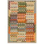 Bareens Designer Rugs - Eclectic Turkish Kilim Elijah Hand-Woven Wool Rug - 3'11'' x 5'6'' - Elevate the elegance of your home with this stunning hand-woven tribal Kilim wool rug. Meticulously crafted on a loom by the Nomad Turkman people using hand-spun wool and 100% natural vegetable dyes, these rugs are recognized for their repetitive geometric patterns, incorporating naturalistic floral and traditional designs. The contemporary fashion palette results in bold, sharp patterns that are incredibly versatile, as the pattern is the same on both sides. These reversible rugs feature a lighter shade on one side and brighter colors on the other, providing versatility according to preference. These unique rugs are made by knotting short strands of different colors onto the warps and securing them by tightly pressing the wefts. The designs are created by interweaving the various colored wefts and warps. Kilims are known for their exceptional durability and versatility, making them truly unique rugs.  Product Details    Rug Size: 3'11'' x 5'6''  Material: 100% Wool  Style: Kilim, Flat Weave, Dhurrie, Turkish, Southwestern, Rustic, Tribal  Colors: Blue, Grey  Weave Type: Hand-Woven, Handmade  Pile Height: Less than 0.25 inch