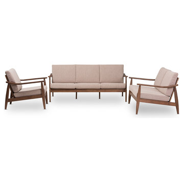 Venza Mid-Century Modern Light Brown Fabric Upholstered 3-Piece Living Room Set