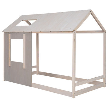 Gewnee Twin Size House Platform with Roof and Window , In Grey