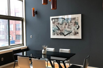 Kitchen/dining room combo - huge contemporary brown floor kitchen/dining room combo idea in Baltimore with gray walls