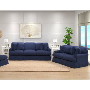 Horizon 2PC Slipcovered Sofa Loveseat Set Navy Blue Washable Performance Fabric