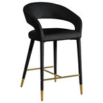 Meridian Furniture - Destiny Counter Stool, Black, Velvet - Settle in for a meal with friends seated in this Destiny velvet stool. Soft black velvet upholstery makes this stool a sleek and inviting option for pairing with your favorite counter table. The rounded back adds comfort to mealtime and lends the stool a chic, eye-grabbing touch, while tapered legs topped with gold tips give the stool an elegant finish.