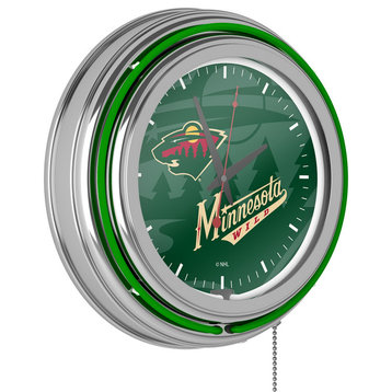 NHL Chrome Double Rung Neon Clock, Watermark, Minnesota Wild