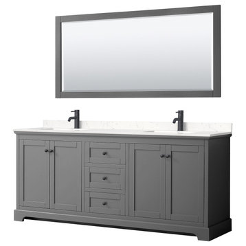 Avery 80" Double Vanity, Dark Gray, Carrara Marble Top, Black Trim, 70" Mirror