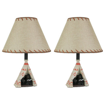 Set of 2 Resin Mama Bear Reading Book To Cub in Teepee Tent Table Lamp Home Dec