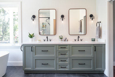 This is an example of a classic bathroom in San Francisco with shaker cabinets, white walls, porcelain flooring, a submerged sink, engineered stone worktops, white worktops, double sinks and a built in vanity unit.