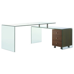 Ultra Chic Glass L Shaped Desk Included Walnut Cabinet