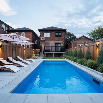Narrow-Lot Backyard Pool with Paver Deck, Cedar Privacy Fence & Layered Planting