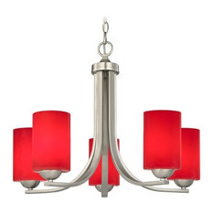 Modern 5-Light Chandelier with Red Glass in Satin Nickel